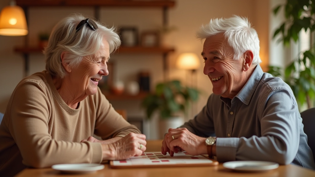 Two adults engaged in a board game together at a table with warm lighting